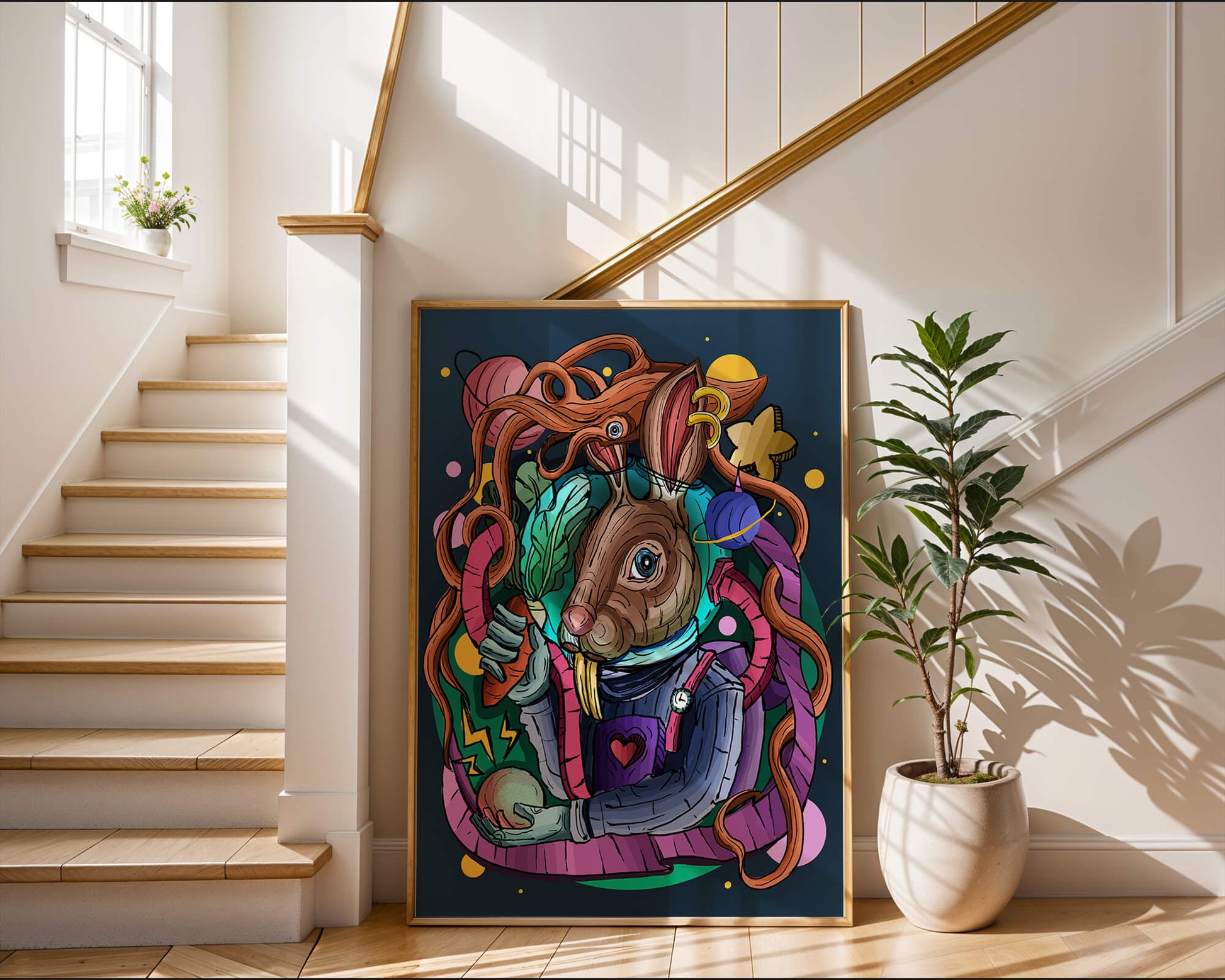 Ilustración abstracta colorida de un conejo en el espacio con pulpo, planetas y zanahoria.