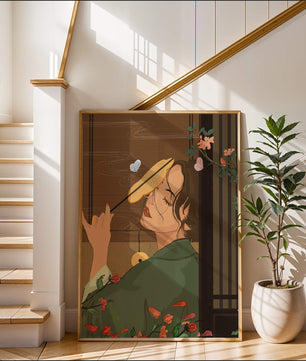 Serene woman with fan surrounded by flowers