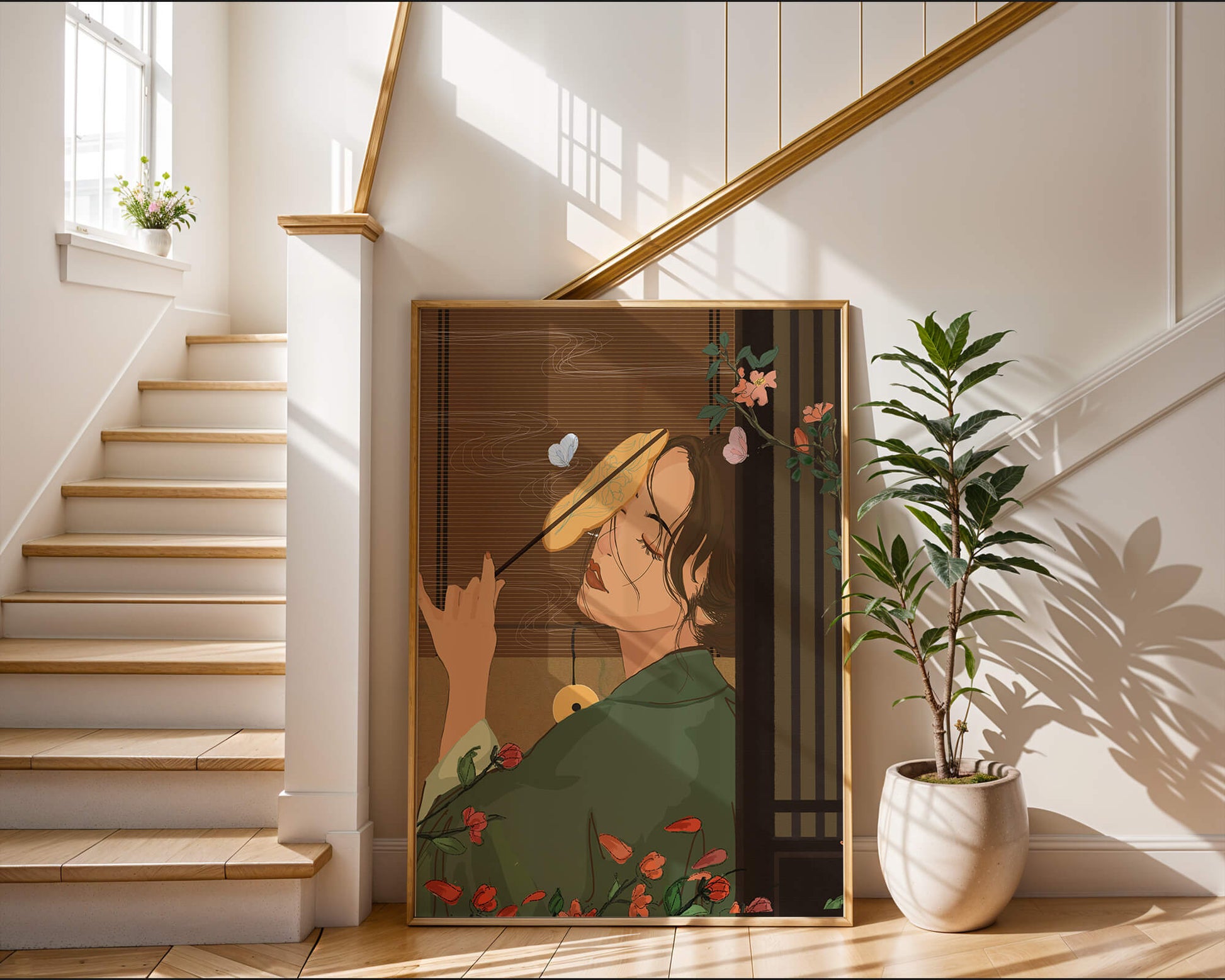 Serene woman with fan surrounded by flowers
