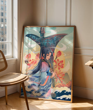 Art fantastique élégant : femme en tenue traditionnelle avec fond floral