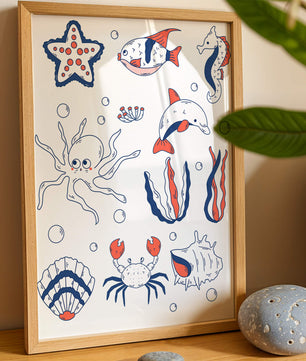Colorful marine life illustration featuring sea creatures on a dark background