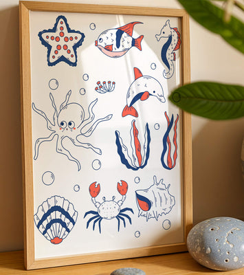 Colorful marine life illustration featuring sea creatures on a dark background