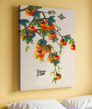 Branch with vibrant persimmons and birds illustration