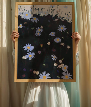 Field Of Blue And White Daisies On A Dark Background