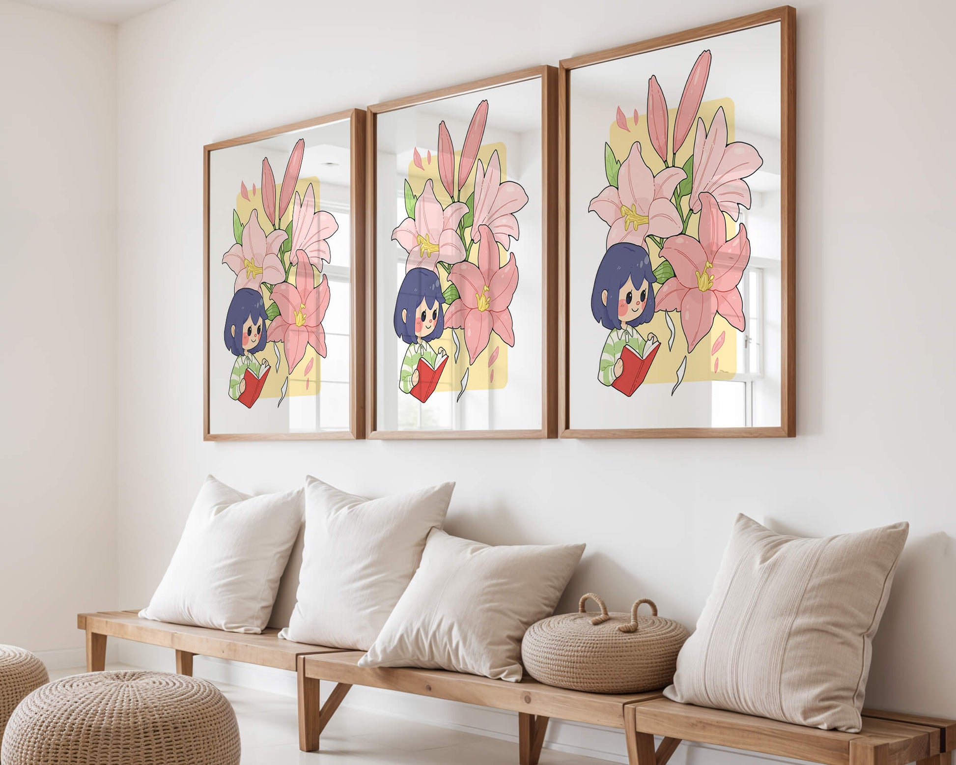Illustration of a girl reading with large pink lilies in the background