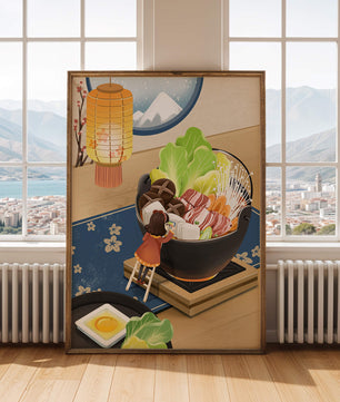 Illustration eines gemütlichen Winteressens mit Hot Pot und Zutaten