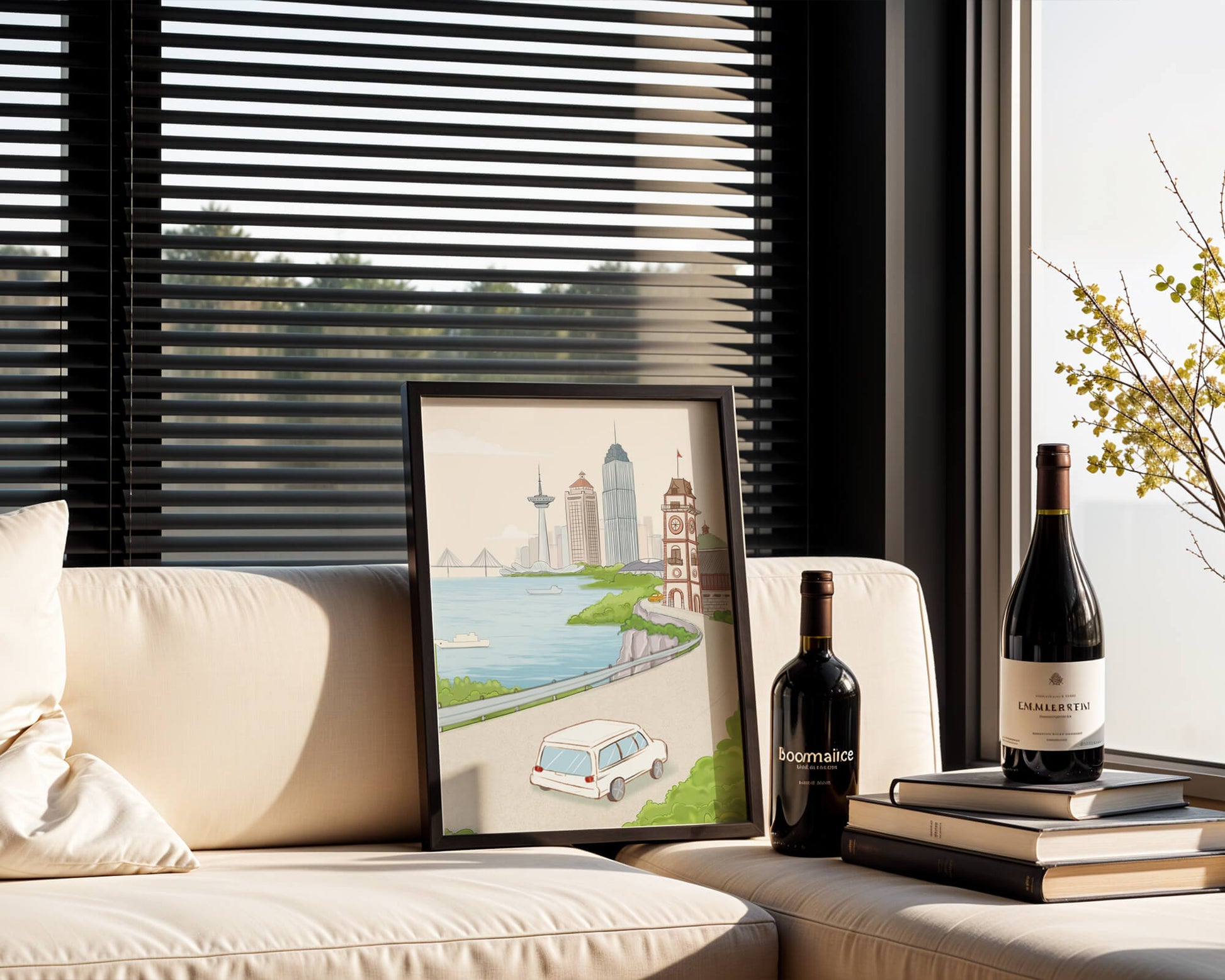 Scenic coastal cityscape with modern buildings and a classic clock tower