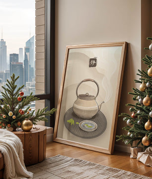 Traditional Japanese teapot with steaming tea and serene setting