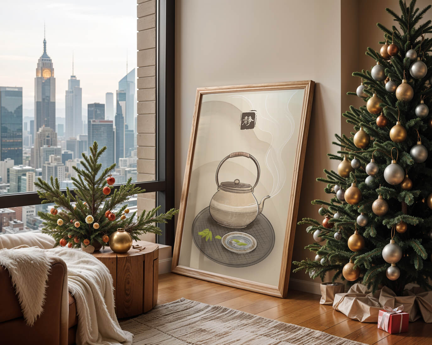 Traditional Japanese teapot with steaming tea and serene setting