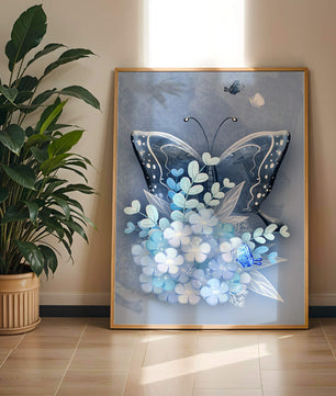 Elegant butterfly with blue floral arrangement artwork