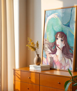 Serene water-inspired portrait of a woman with flowers