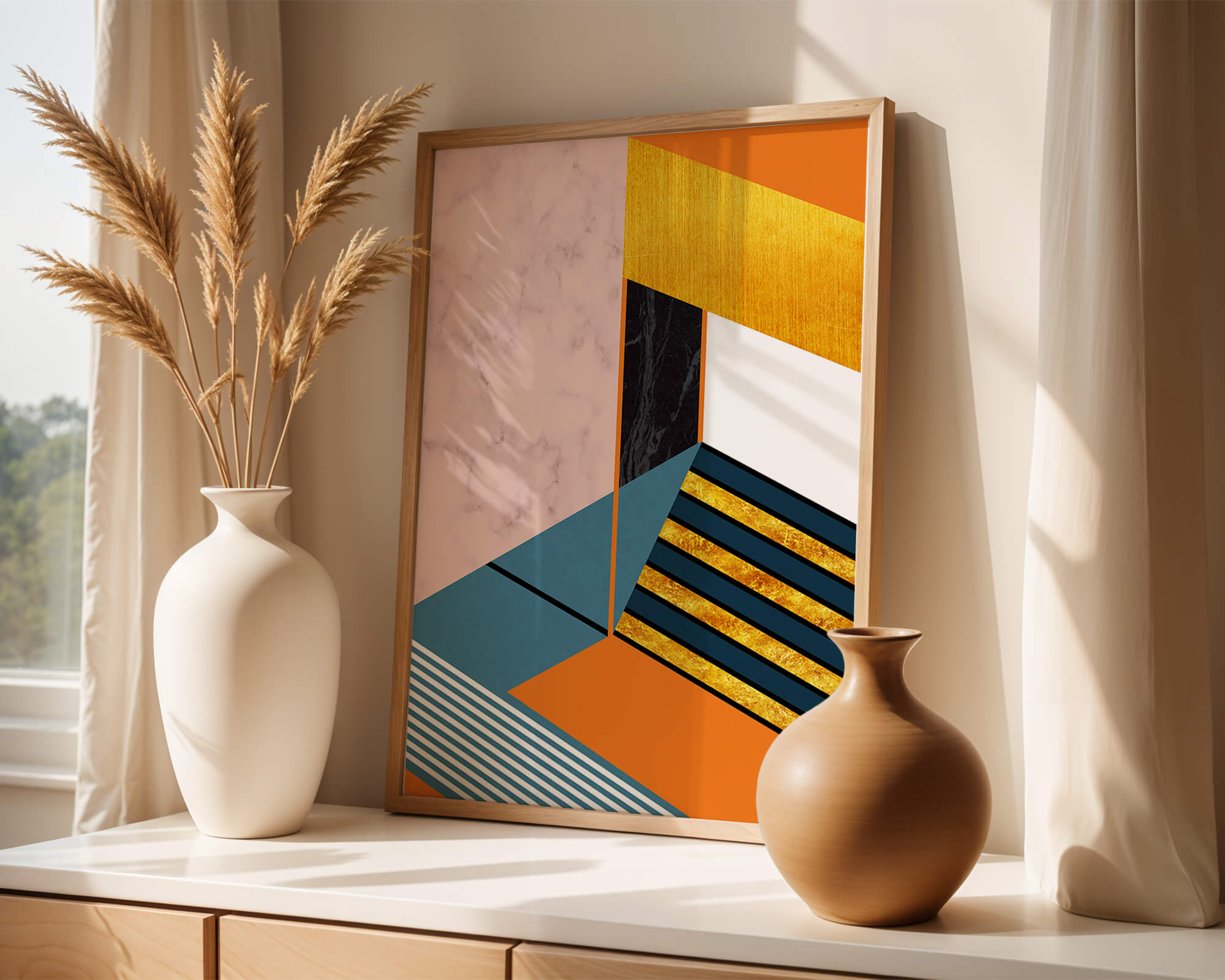 Abstract geometric design with marble and gold textures