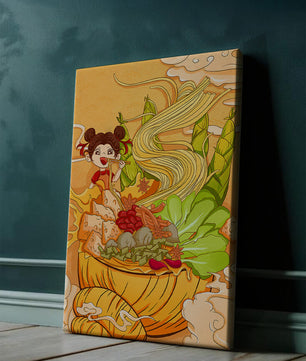 Ilustración colorida de un niño disfrutando de un tazón de fideos con verduras