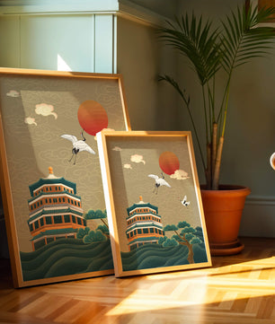 Traditional Asian art with cranes and temple at sunset