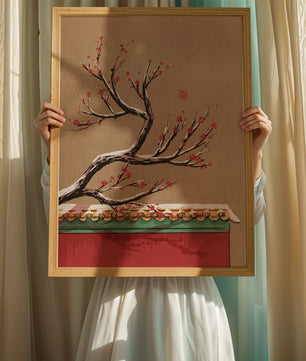 Illustration of blooming plum branch over traditional rooftop