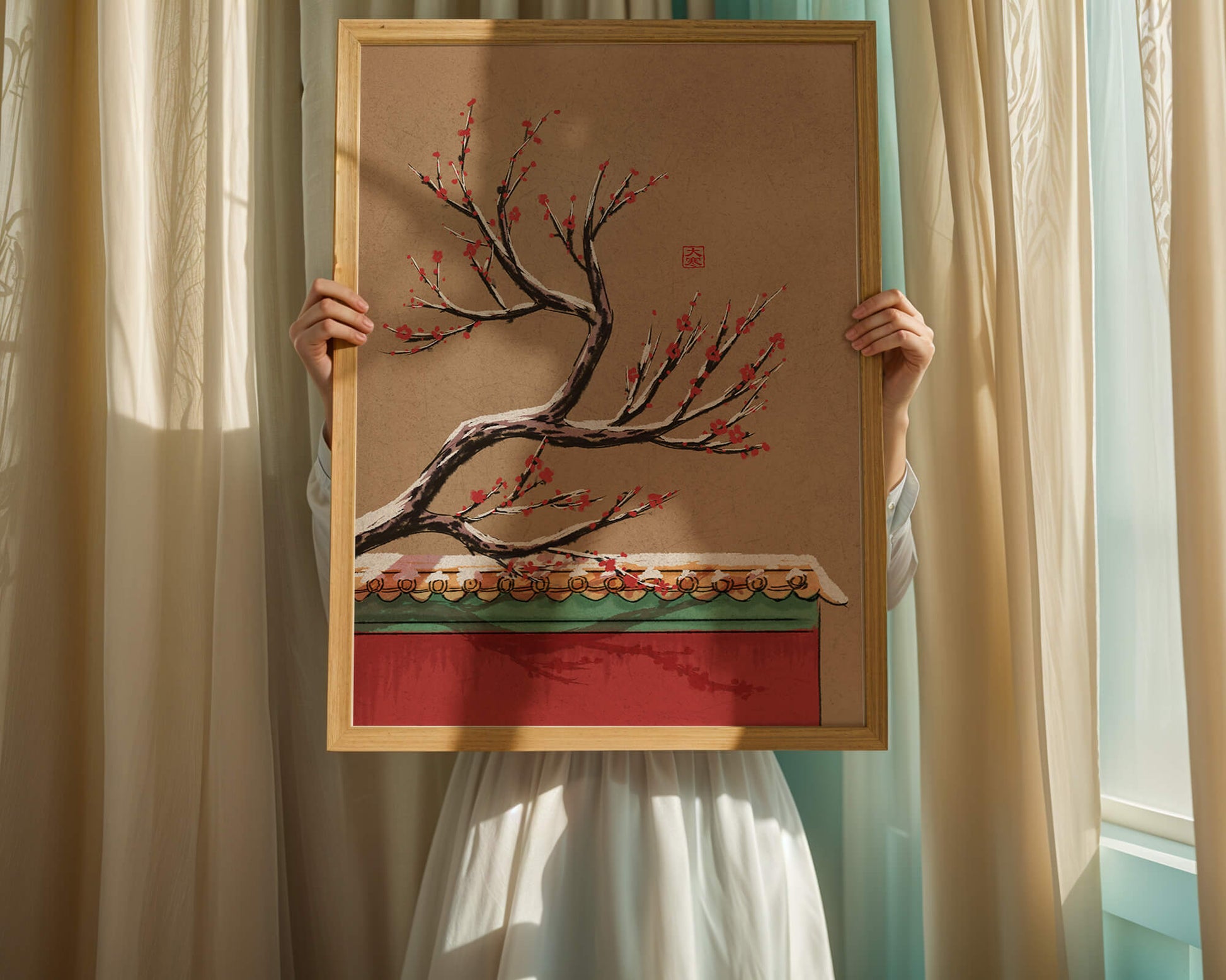 Illustration of blooming plum branch over traditional rooftop