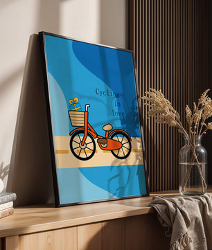 Bicicleta colorida con un regalo en la cesta sobre fondo azul