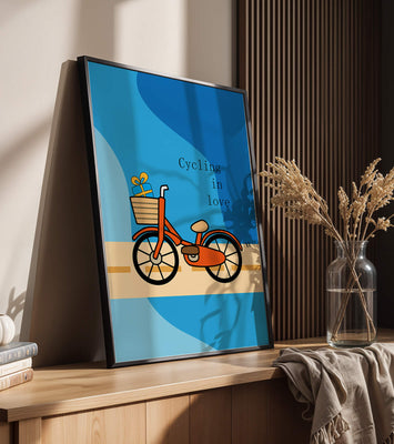 Colorful bicycle with a gift in basket against blue background