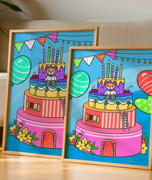 Colorful birthday cake with teddy bear and festive decorations