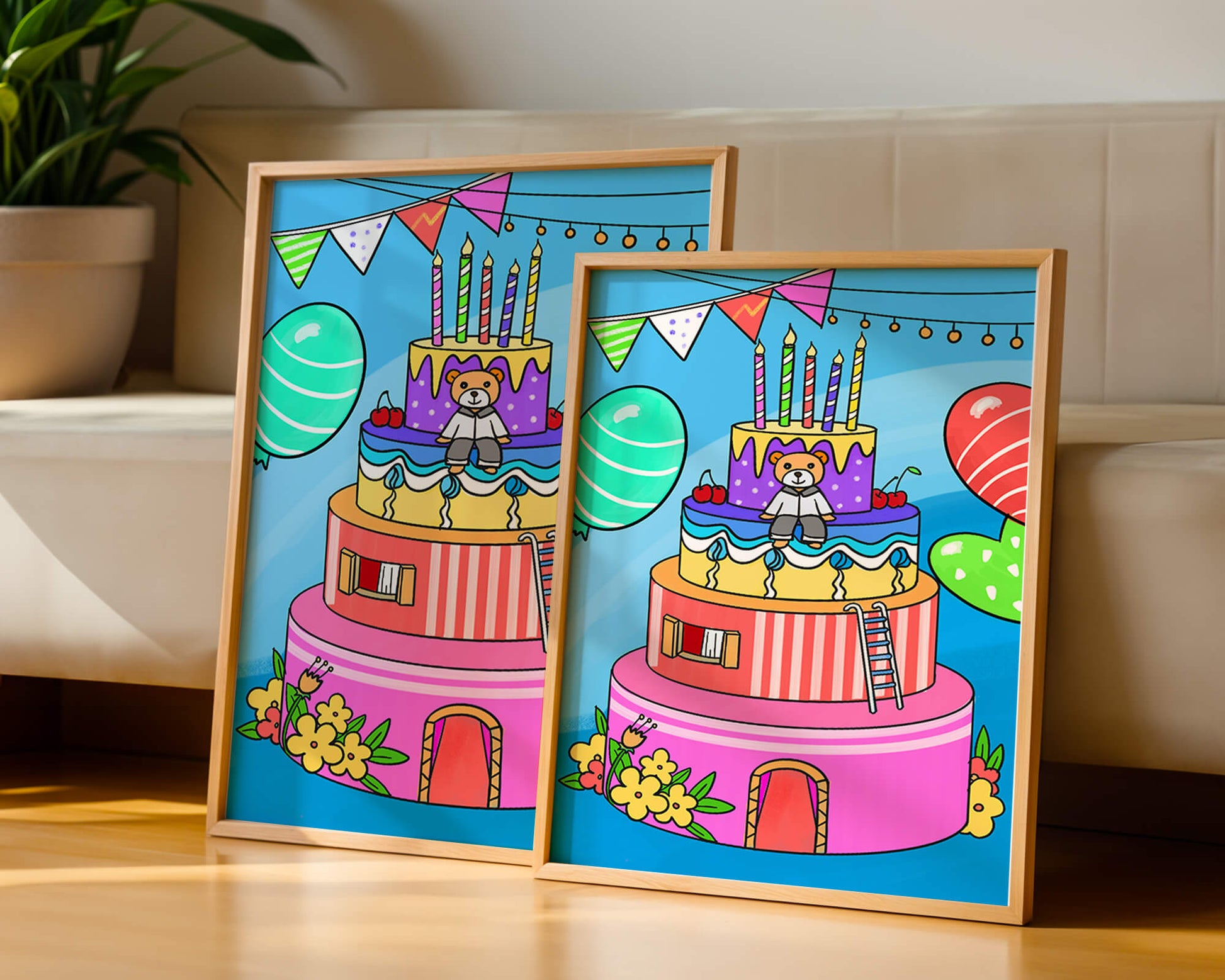 Colorful birthday cake with teddy bear and festive decorations