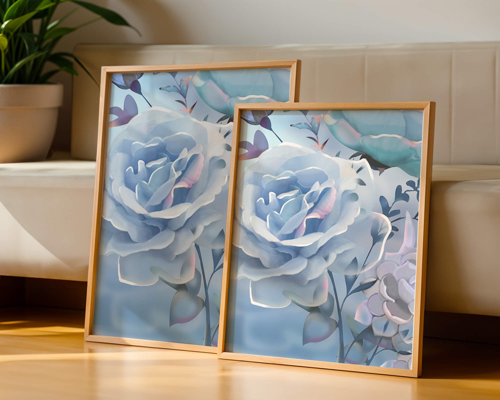 Rosas azules serenas con hojas delicadas sobre fondo suave