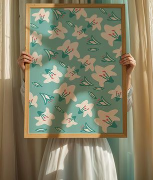 Motif floral avec des lys blancs sur un fond turquoise