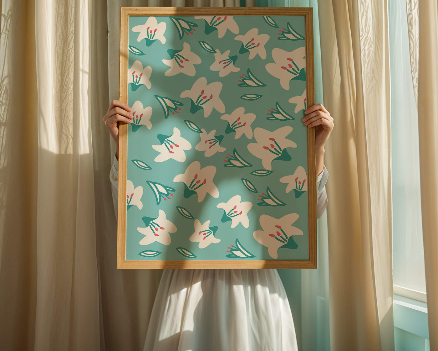 Floral pattern with white lilies on a turquoise background