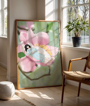 Escena onírica de una mujer durmiendo en una gran flor rosa