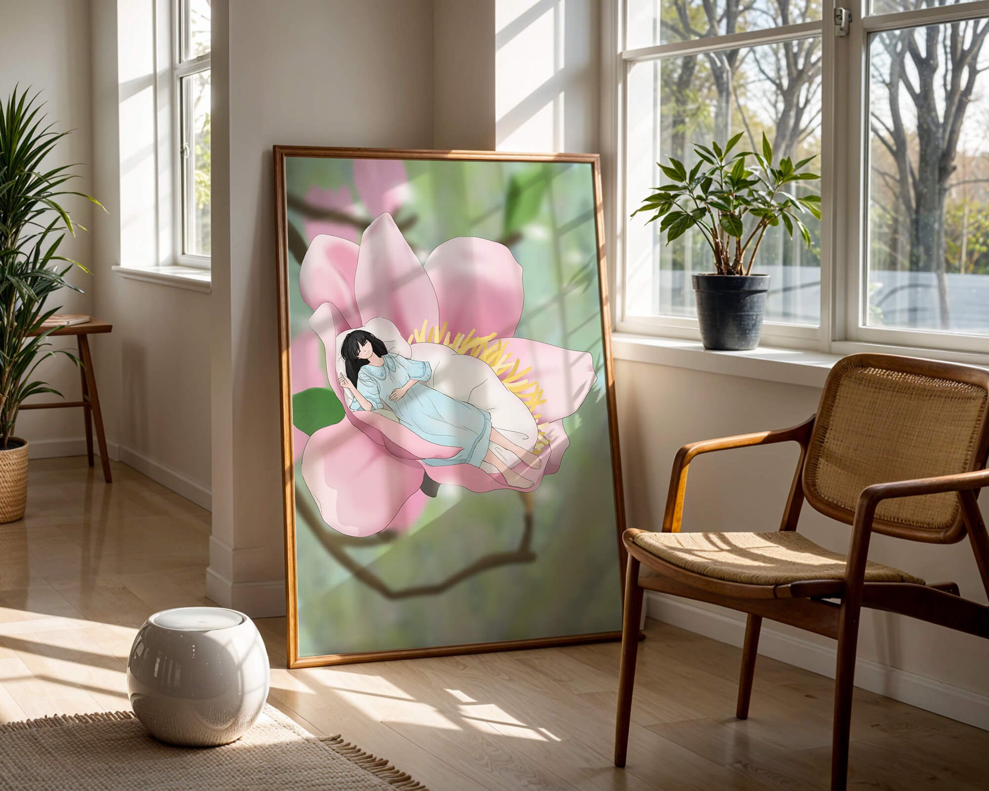 Dreamlike scene of a woman sleeping in a large pink flower