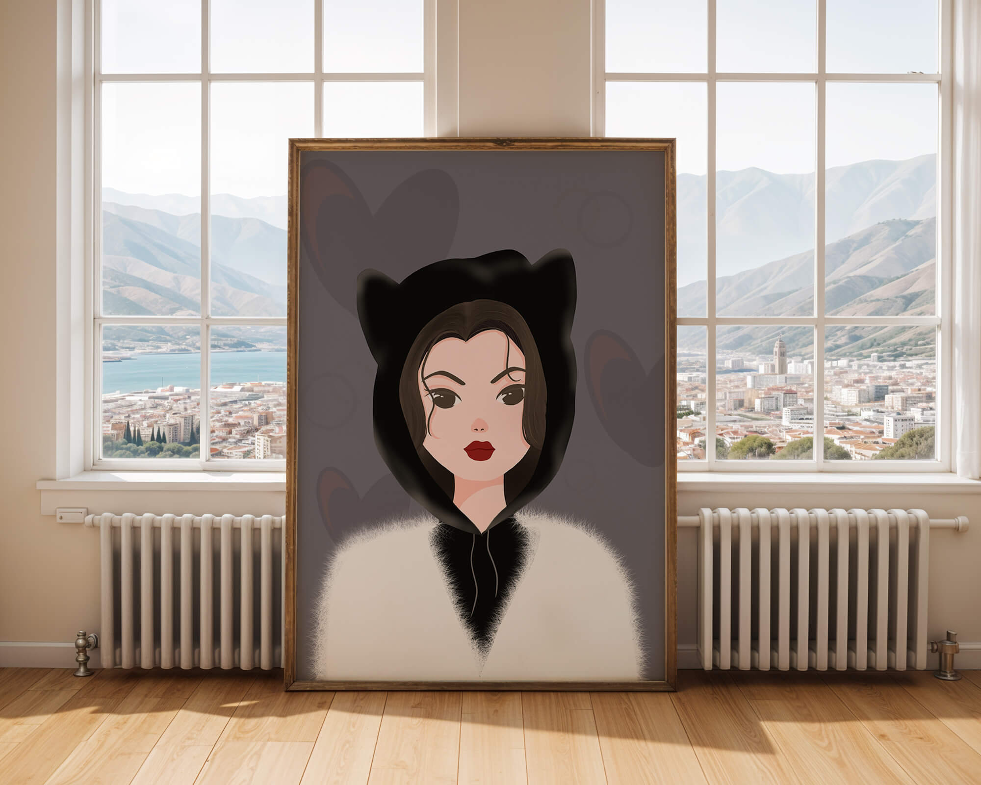 Illustration of a woman in a cat hoodie on a soft gray background