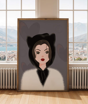Illustration of a woman in a cat hoodie on a soft gray background