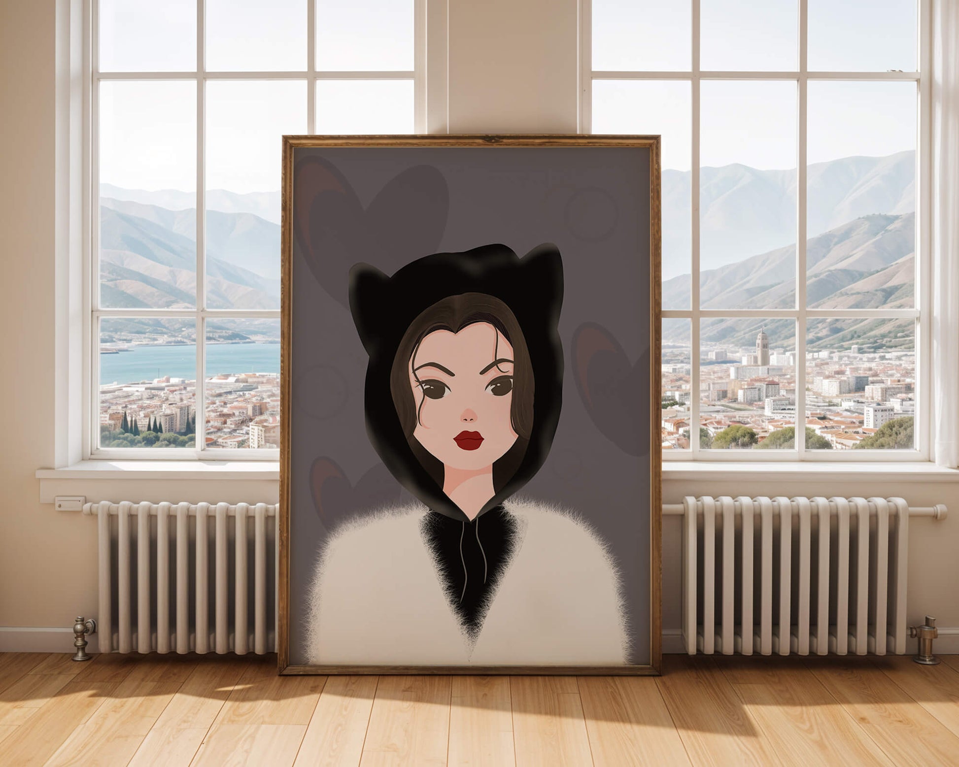 Illustration of a woman in a cat hoodie on a soft gray background