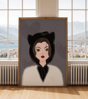 Illustration of a woman in a cat hoodie on a soft gray background