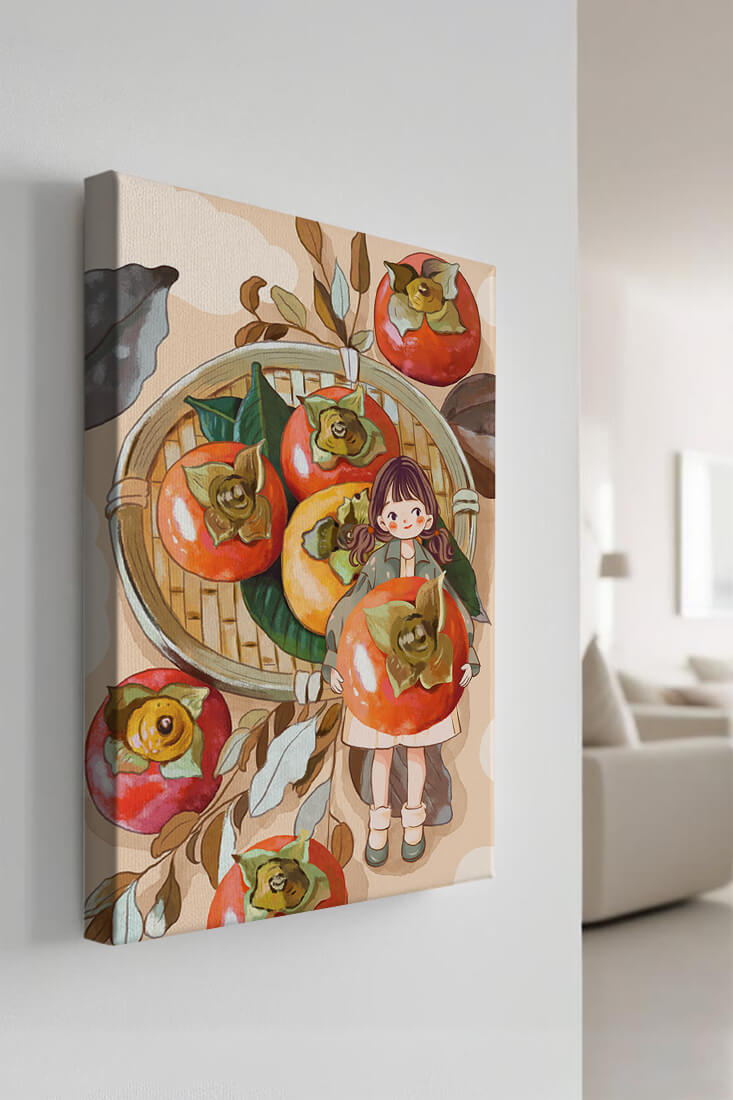 Joven sosteniendo un dátil en una escena de cosecha caprichosa