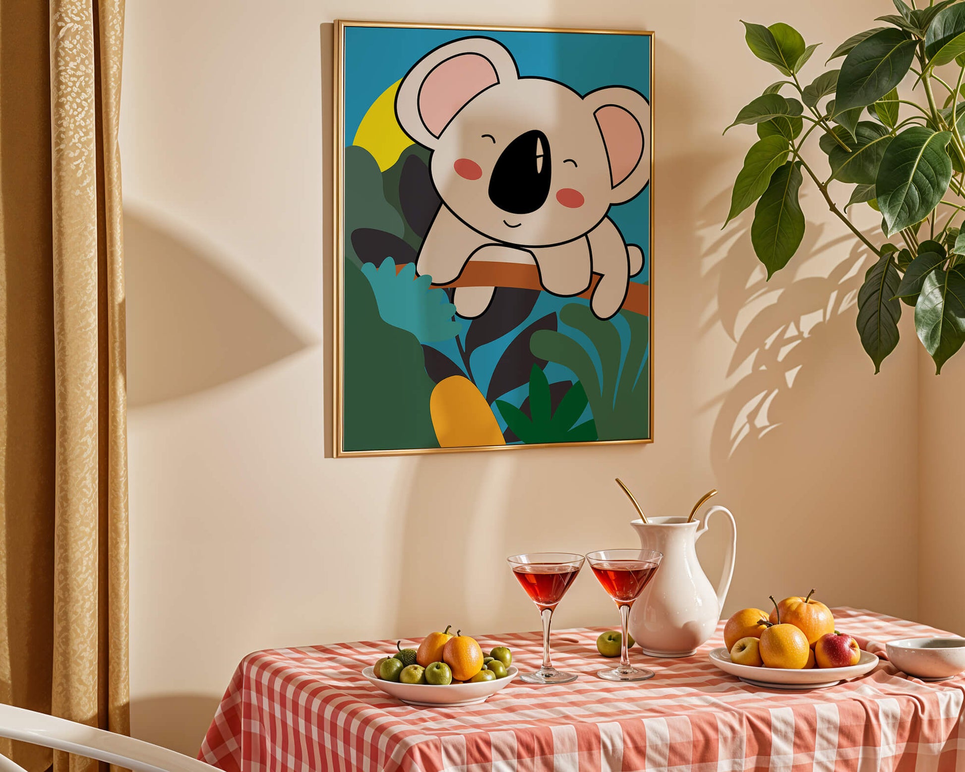 Charming illustrated koala on a branch with vibrant background