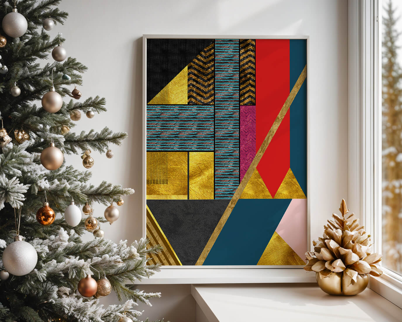 Geometric abstract art with bold colors and golden accents