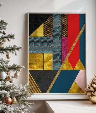 Geometric abstract art with bold colors and golden accents
