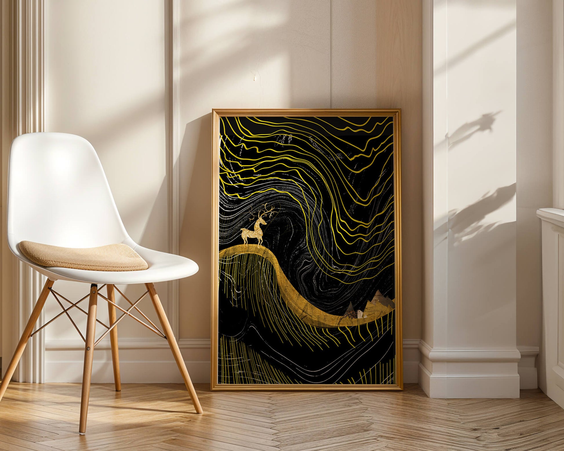 Ciervo dorado y paisaje montañoso abstracto con líneas onduladas