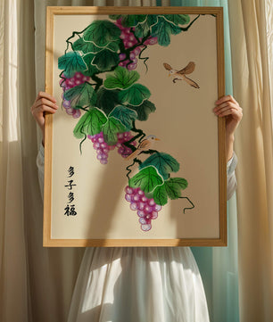 Watercolor grapevine and birds illustration with traditional art style