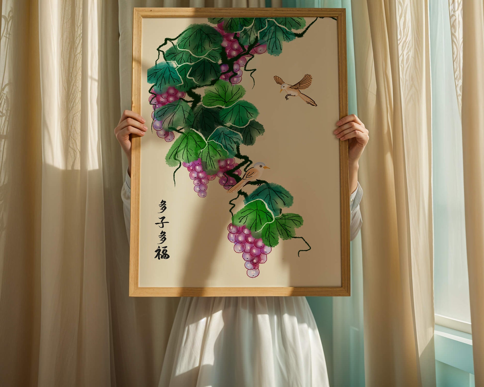 Watercolor grapevine and birds illustration with traditional art style