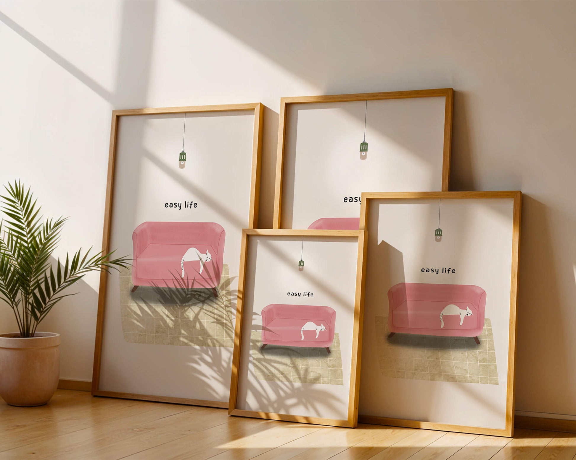Interior minimalista con sofá rosa y gato blanco relajado