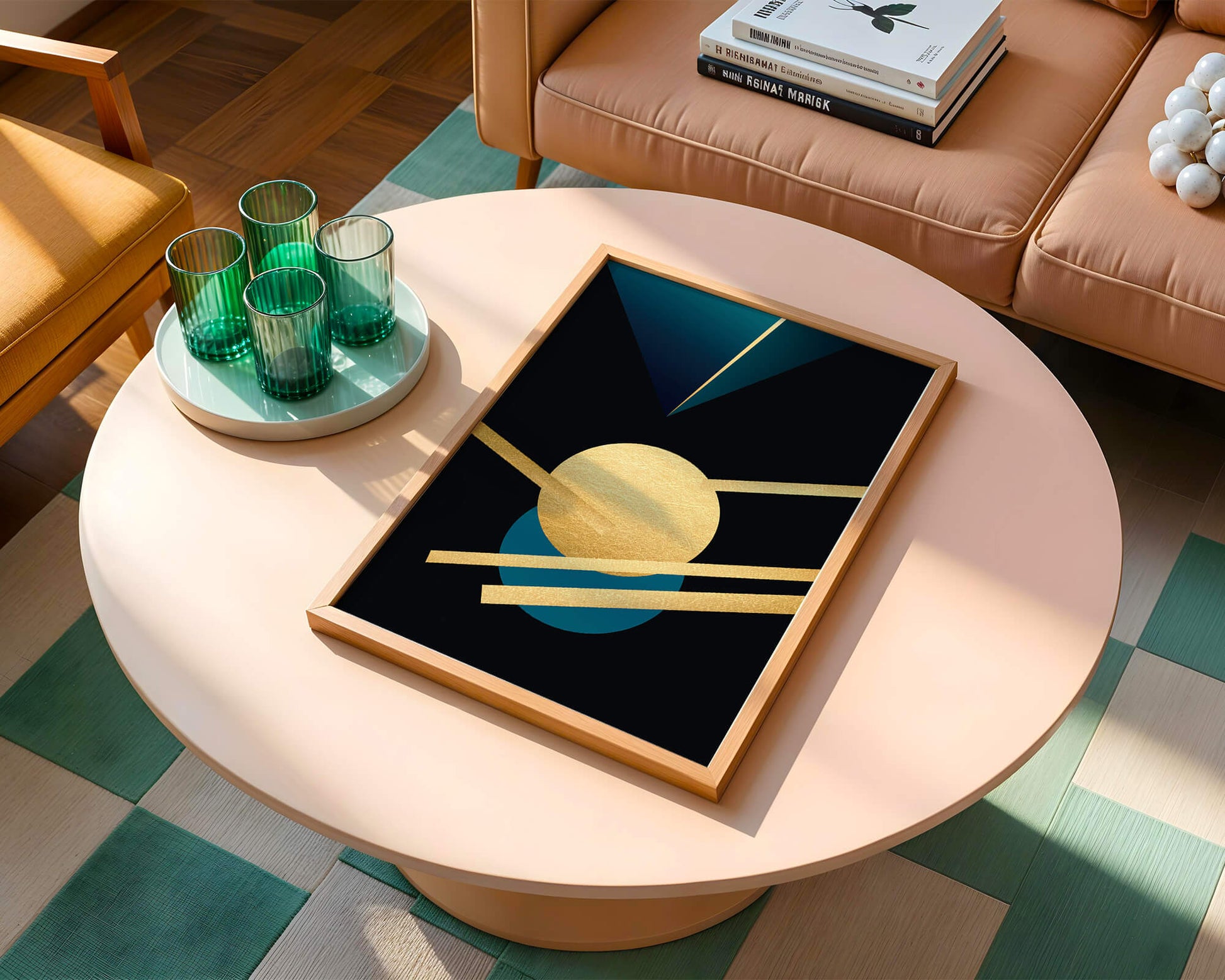 Abstract Geometric Composition with Gold and Blue Elements