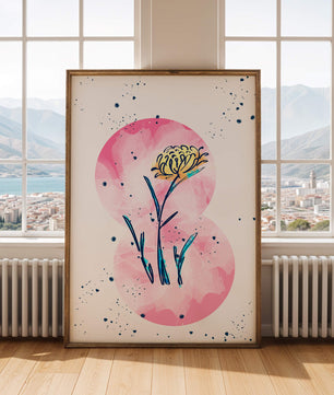 Abstract Floral Design with Pink Circles and Yellow Flower on White Background