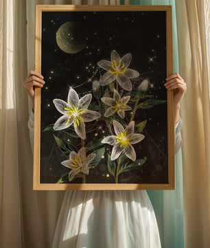 Luminous Night Flowers Under a Starry Sky with Golden Moon - Mi tienda
