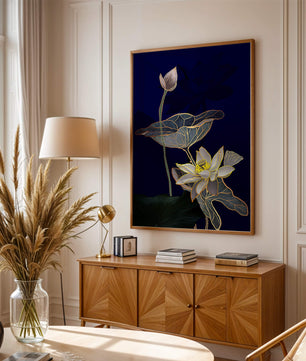 Elegant Lotus Flower with Gold Accents on Deep Blue Background