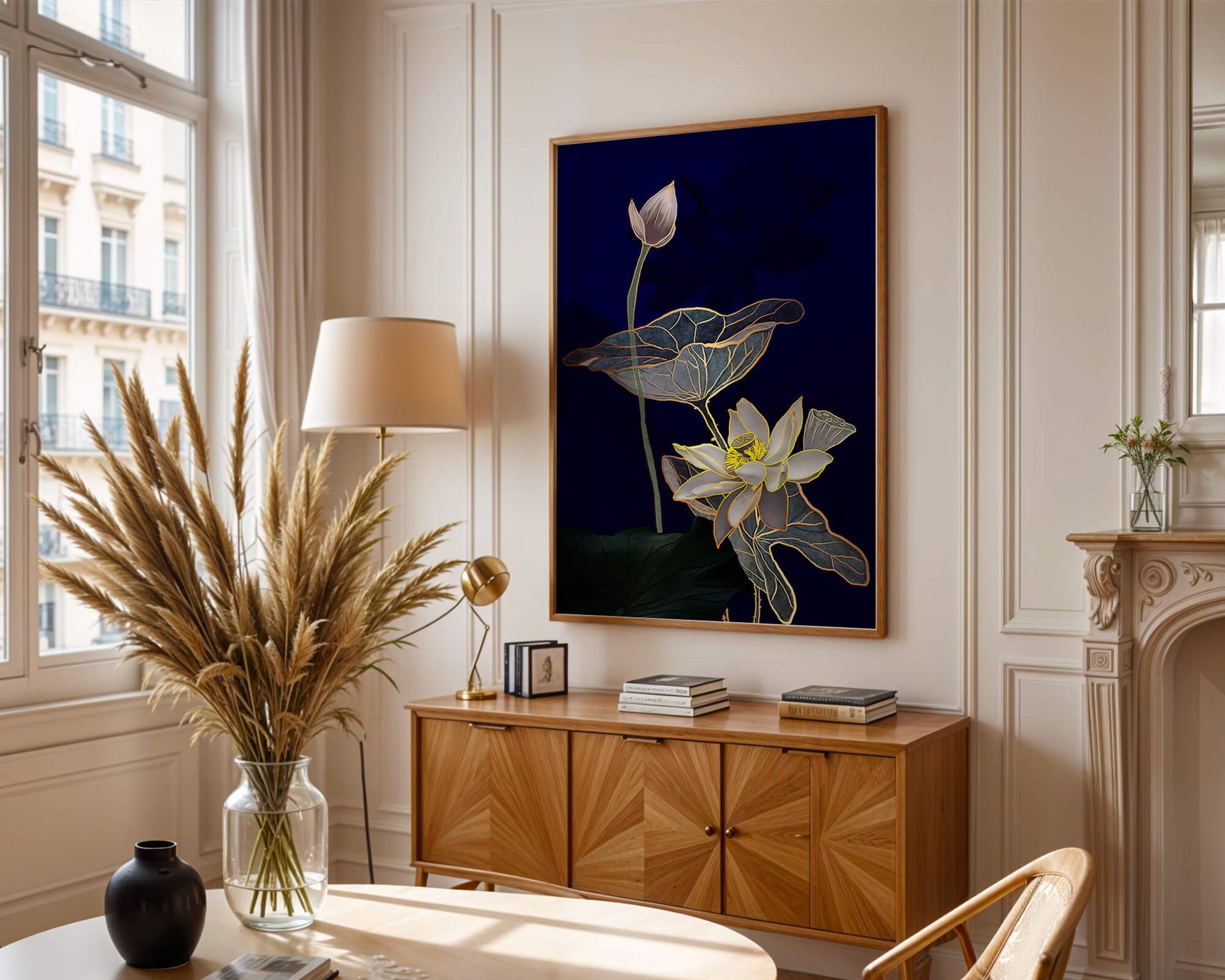 Elegant Lotus Flower with Gold Accents on Deep Blue Background