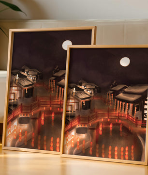 Traditional Japanese village at night with lanterns and full moon