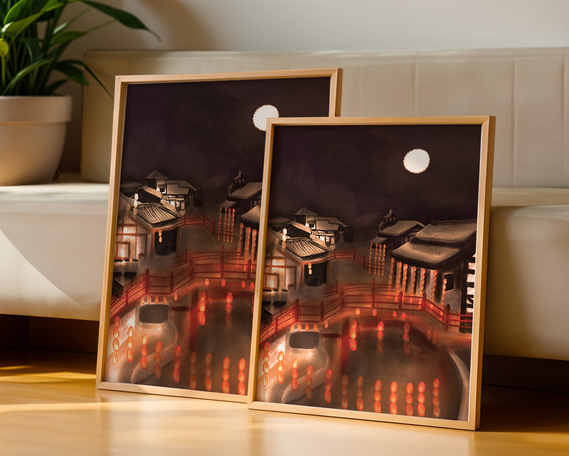 Traditional Japanese village at night with lanterns and full moon