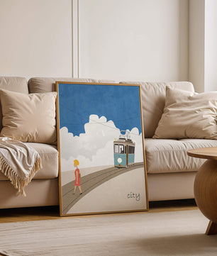 Urban scene with tram and pedestrian under a blue sky