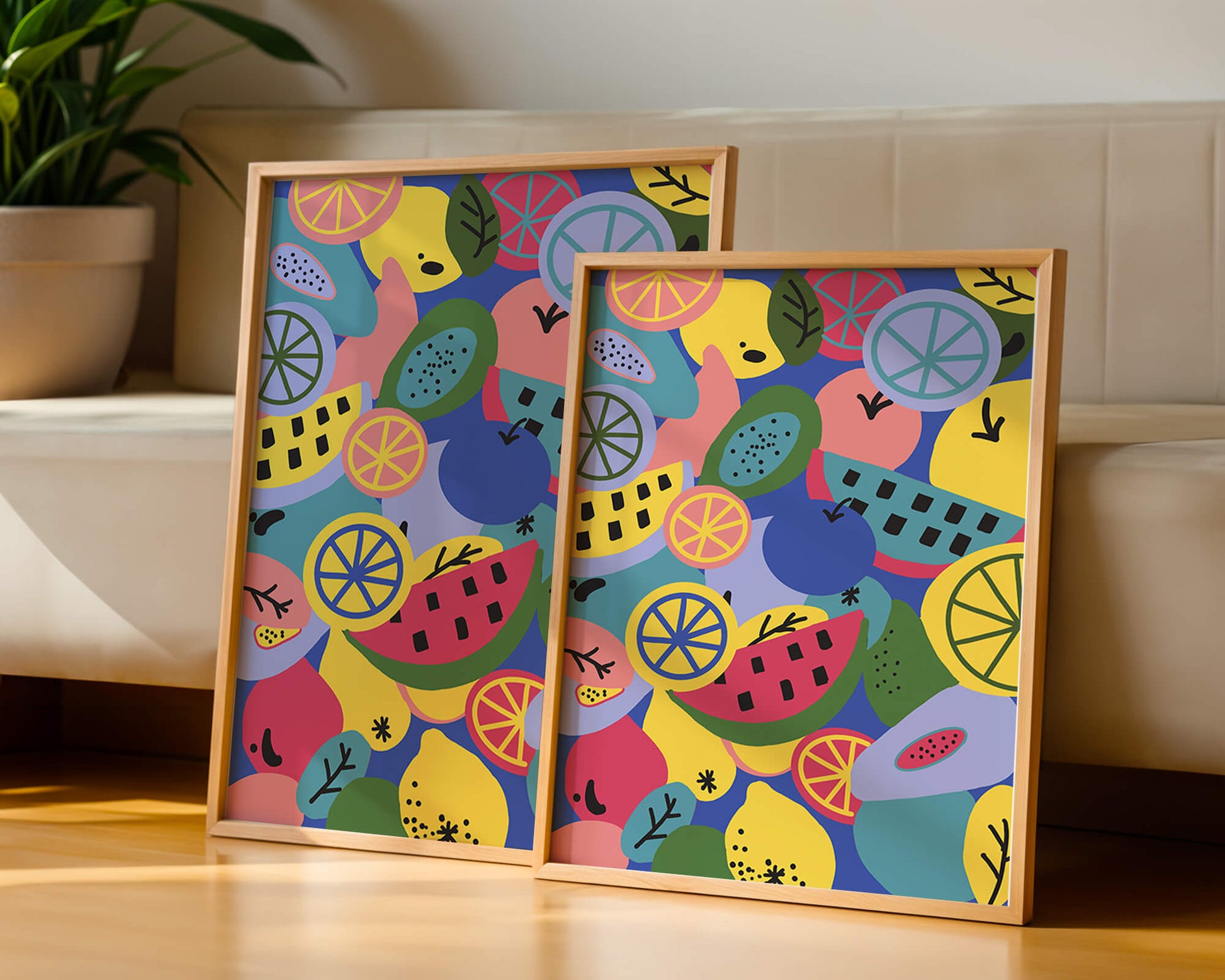 Patrón abstracto de frutas vibrantes con cítricos y melones sobre fondo azul